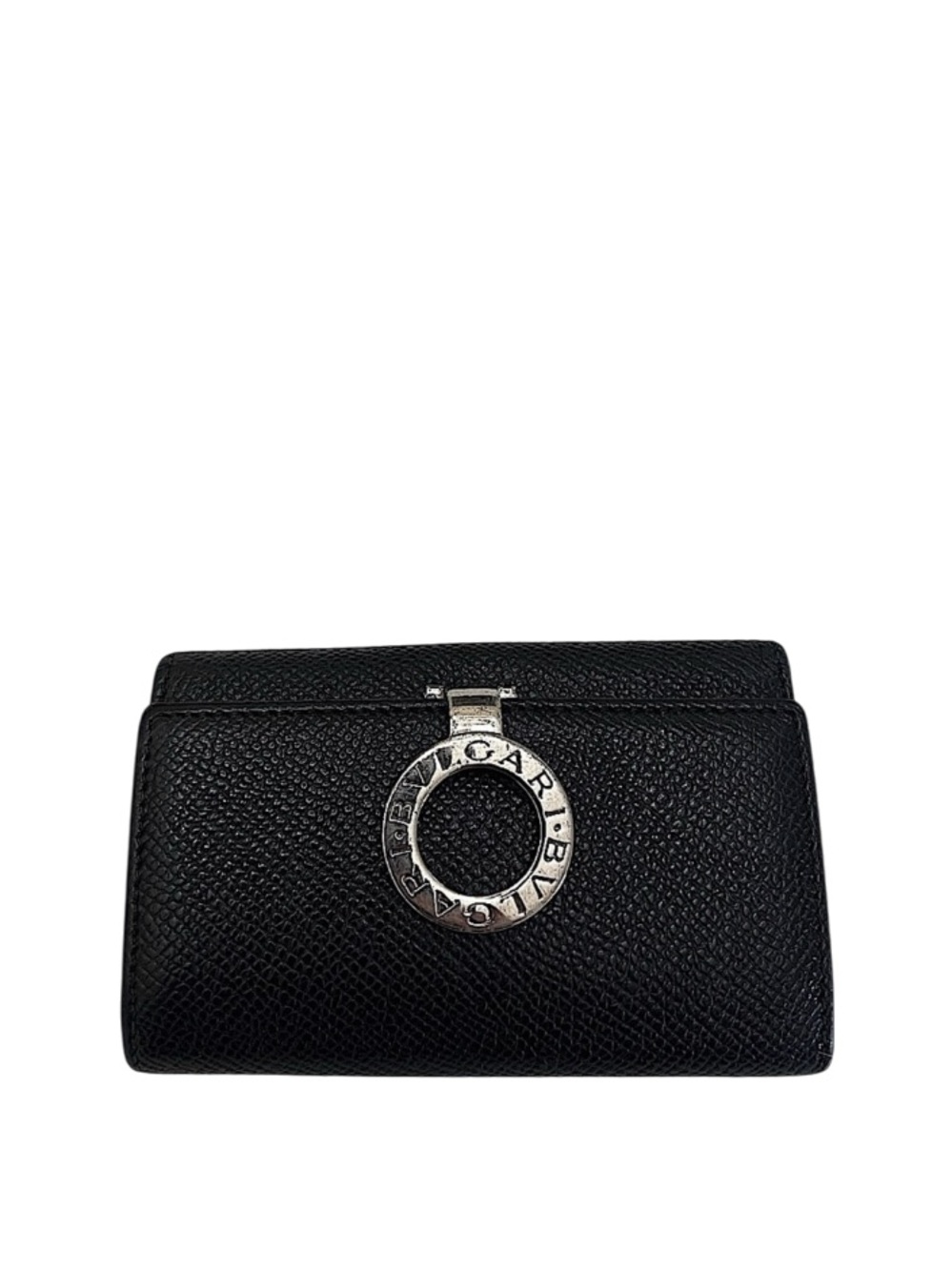 BVLGARI - BLACK SILVER TEXTURED LEATHER COMPACT KEY HOLDER CASE WALLET